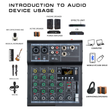 Console mixer DJ digitale professionale a 4 canali audio con porta USB, supporta la connessione Bluetooth, riproduzione nera