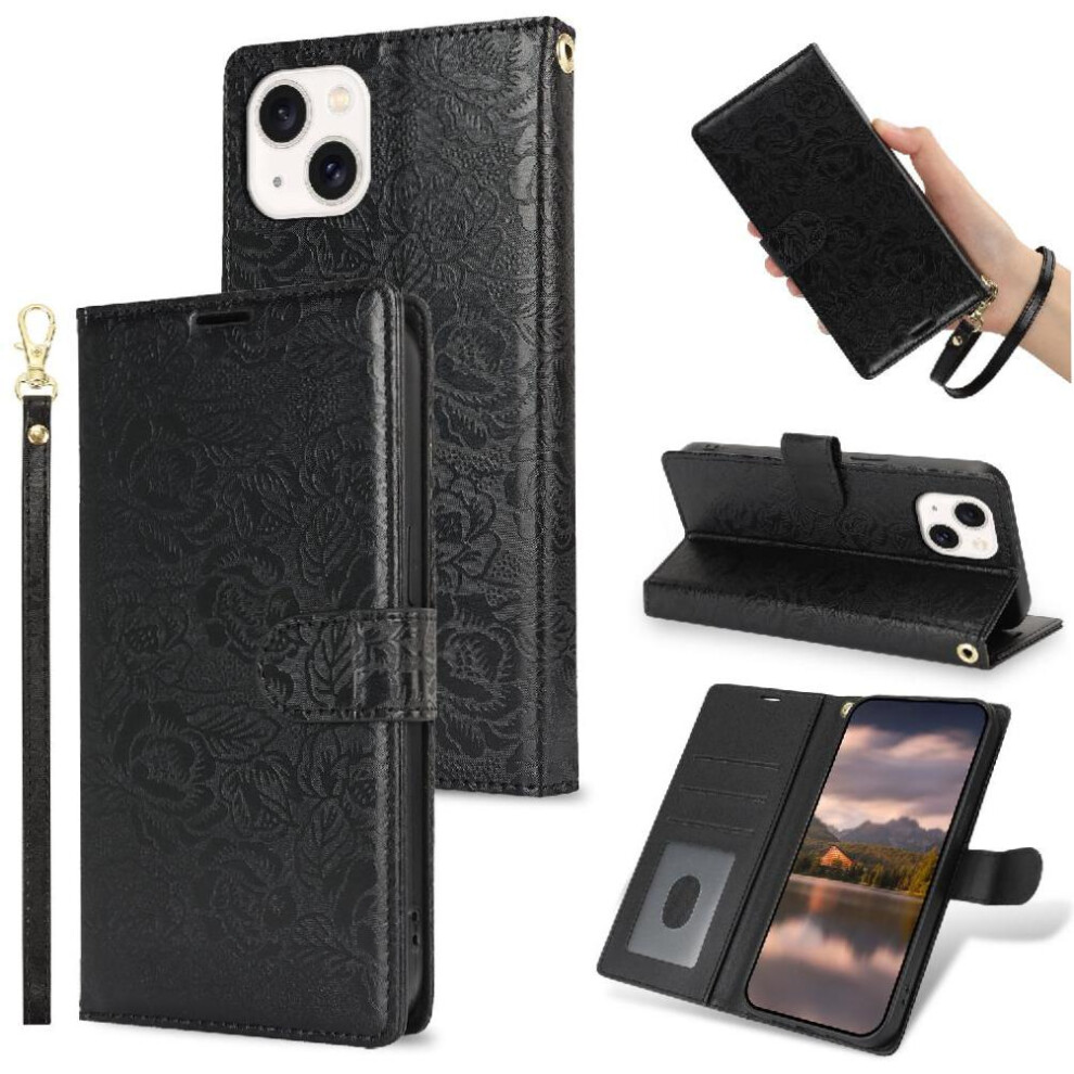 (Black) Flip Case For Iphone 15 Magnetic Closure Wallet Wrist Lanyard Soft Tpu Black 764549424481