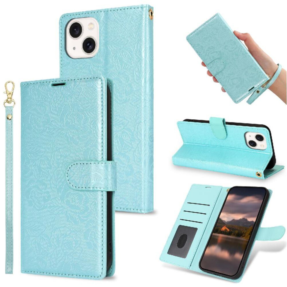 (Blue) Flip Case For Iphone 15 Magnetic Closure Wallet Wrist Lanyard Soft Tpu Blue 764549424511