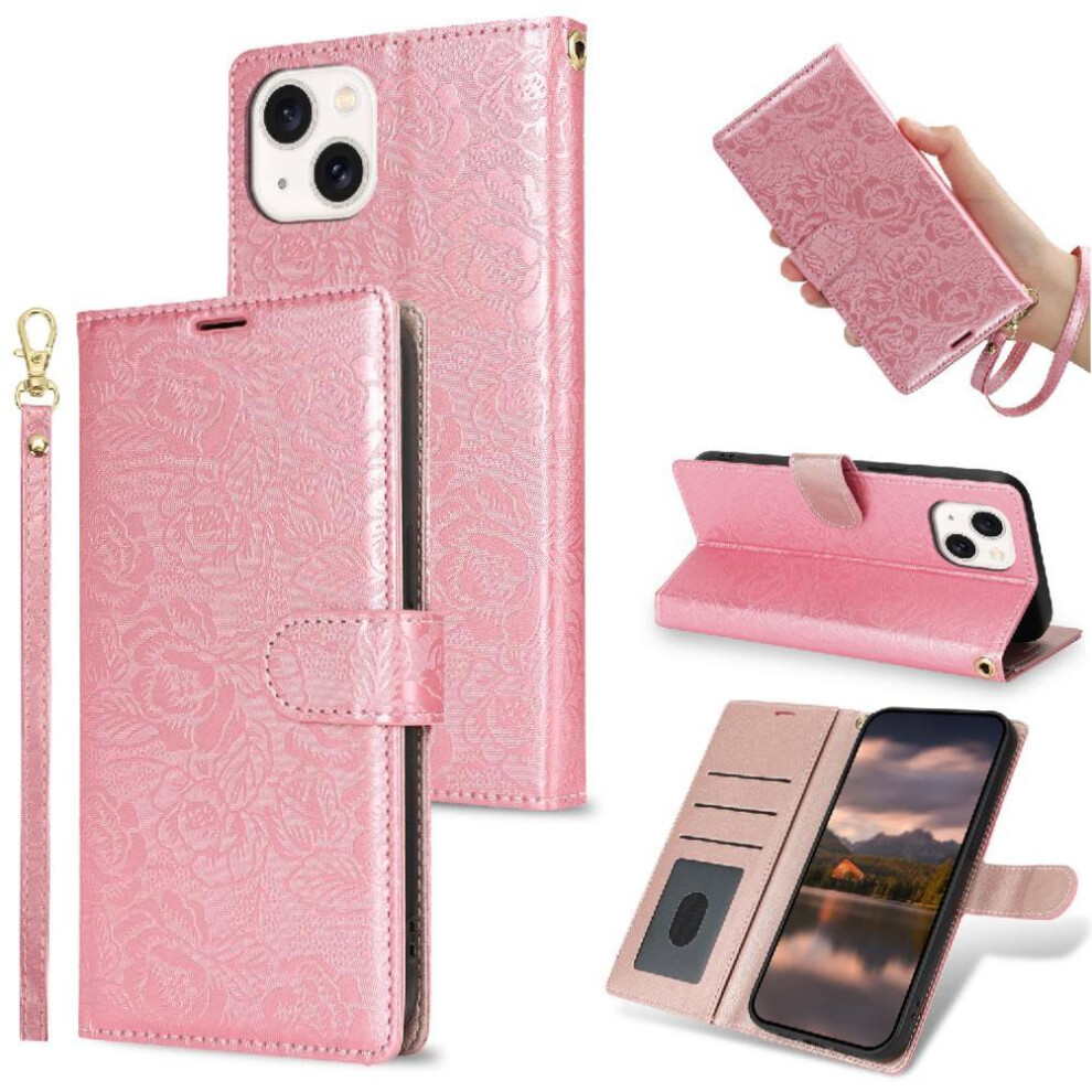 (Pink) Flip Case For Iphone 15 Magnetic Closure Wallet Wrist Lanyard Soft Tpu Pink 764549424504