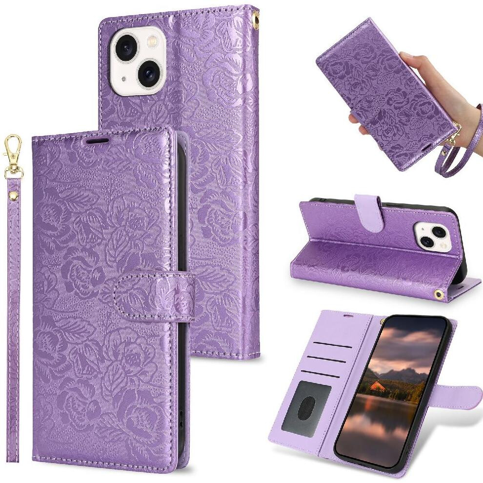 (Purple) Flip Case For Iphone 15 Magnetic Closure Wallet Wrist Lanyard Soft Tpu Purple 764549424498