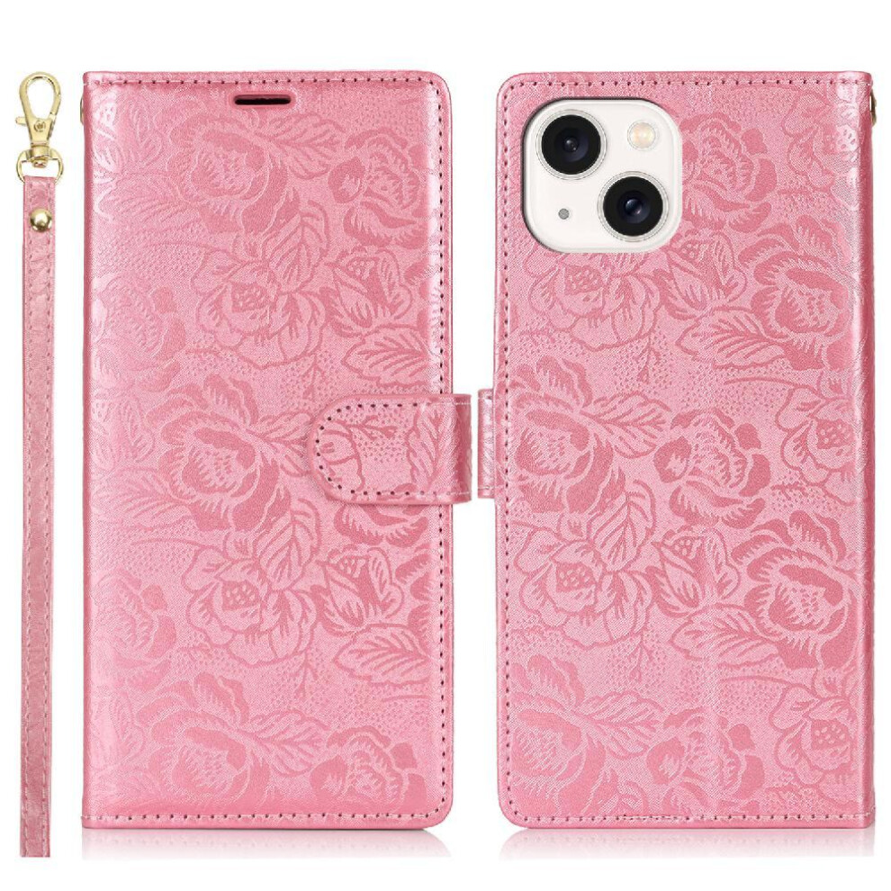 (Pink) Flip Case For Iphone 14 Wallet Soft Tpu Wrist Lanyard Magnetic Closure Pink 764549424702