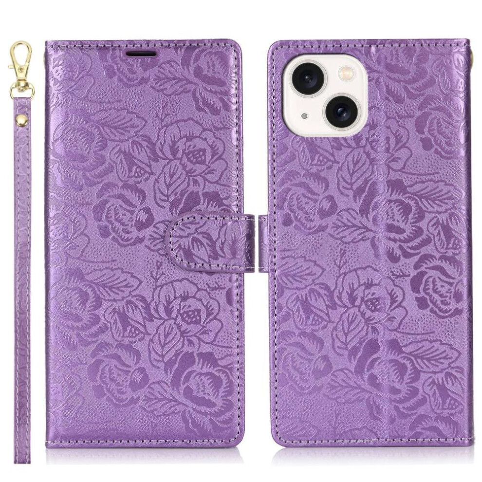 (Purple) Flip Case For Iphone 14 Wallet Soft Tpu Wrist Lanyard Magnetic Closure Purple 764549424696