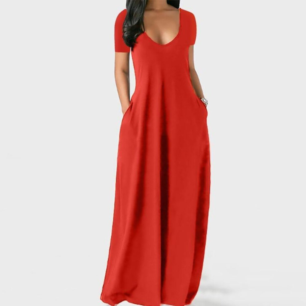 (red, 4XL) Solid Simple Dress, Casual Short Sleeve Maxi Dress With Pockets, Women&apos;s Clothing