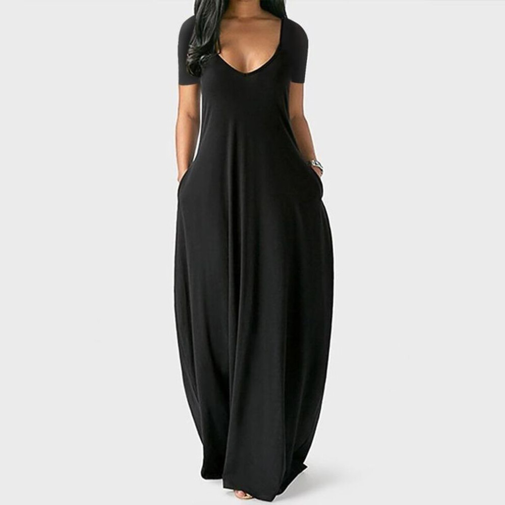(black, 4XL) Solid Simple Dress, Casual Short Sleeve Maxi Dress With Pockets, Women&apos;s Clothing