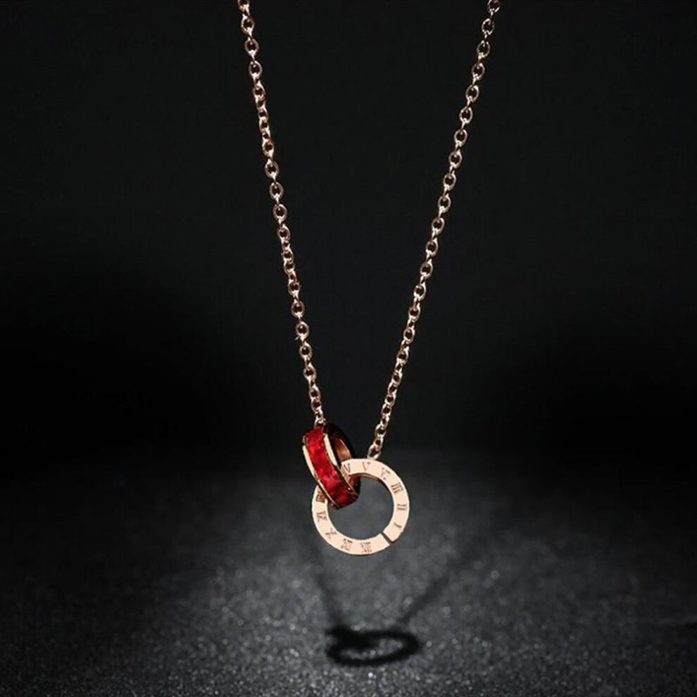 (red) Titanium Steel Roman Double Ring Necklace Colorless Chain Chain 18k Rose Gold Plated Necklace X001