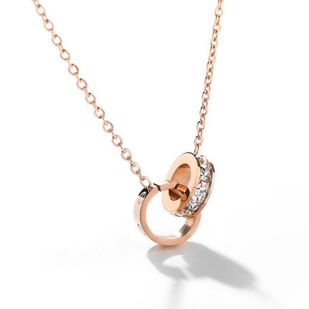 (gold) Titanium Steel Roman Double Ring Necklace Colorless Chain Chain 18k Rose Gold Plated Necklace X001
