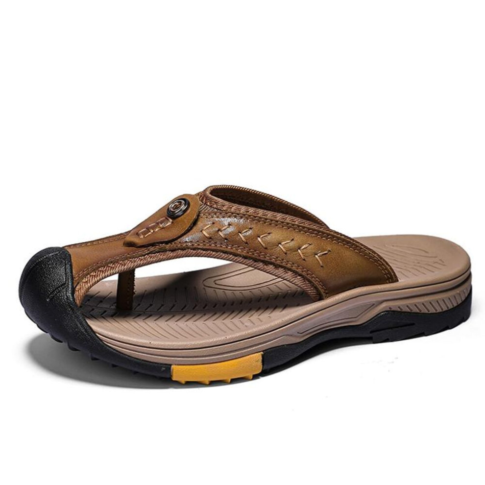 (khaki, 42) New Arrival Summer Genuine Leather Men Flip Flops Anti-slip Handmade Leather Slippers