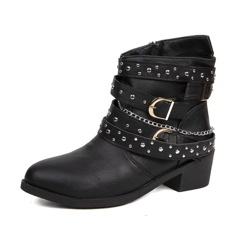 (black, 37) Low Heel Womens Block Chunky Ankle Boots,buckle Accents, Comfortable Faux Leather Upper, Rubber Sole, Pointed Toe,- Trendy Sports Style Boots