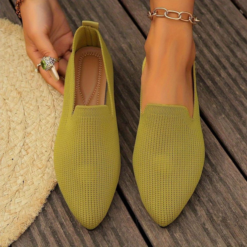 (green, 36) Women&apos;s Knitted Flats, Solid Colour Pointed Toe Soft Sole Shoes, Comfortable Daily Wear Flats