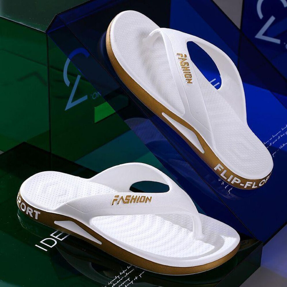 (white,gold, 44-45) Fashion Clashing Color Flip Flops, Soft Bottom Summer Beach Slippers for Men and Women, Indoor and Outdoor Slippers