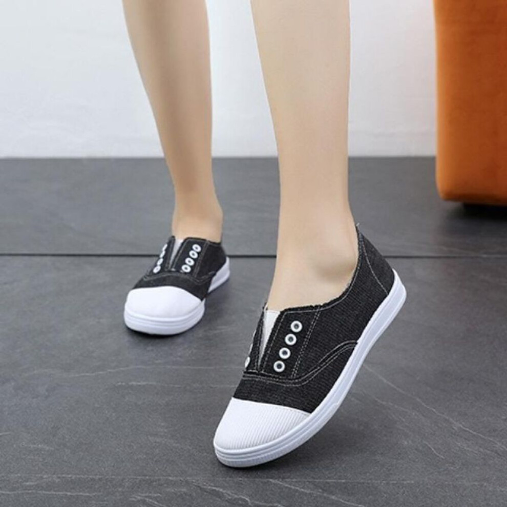 (cool black, 40) Women&apos;s solid colour canvas trainers, simple style lace-up flat walking shoes, casual lightweight student shoes