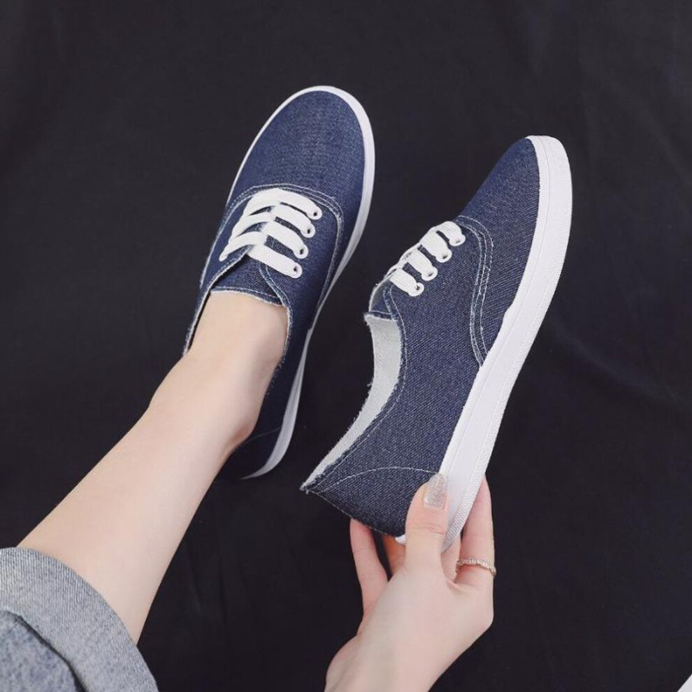 (dark blue, 38) Women&apos;s solid colour canvas trainers, simple style lace-up flat walking shoes, casual lightweight student shoes