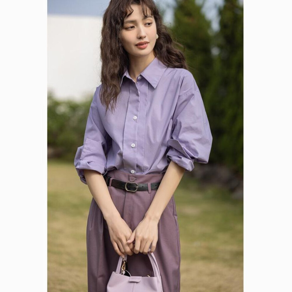 (S, purple) Mishow Shirt For Women Available In Four Colors Drop Sleeve Loose Sping French Elegant Long Sleeves Turn Down Collar Female Clothes MXC13C0006