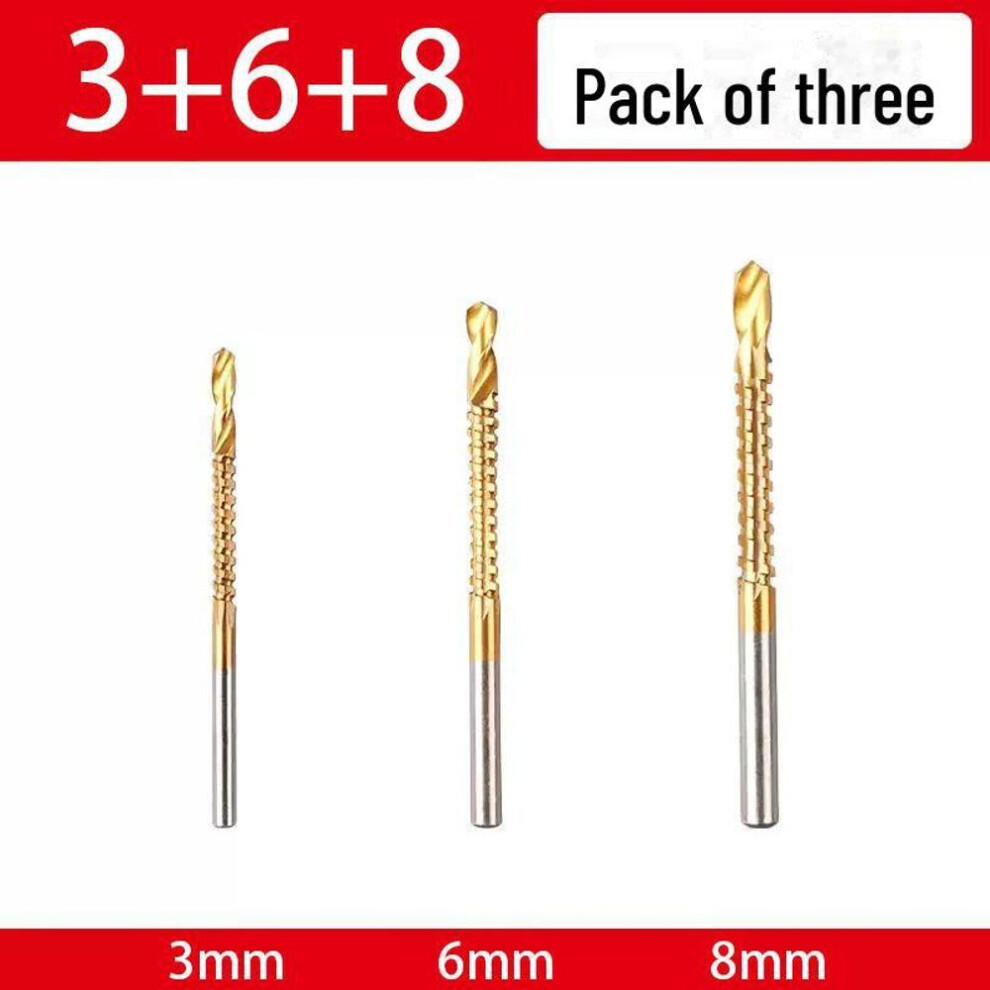 (as the picture, 3pcs saw drill in plastic bag [3/6/8mm]) Titanium Plated Serrated Twist Drill Bit for Wood Drilling Grooves, Electric Drill with Cross-Border Round Handle