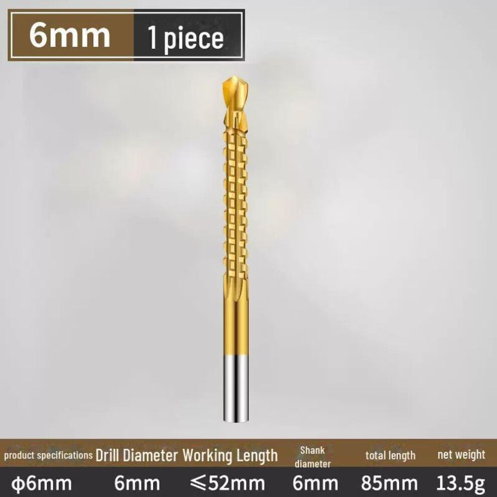 (as the picture, 6mm single) Titanium Plated Serrated Twist Drill Bit for Wood Drilling Grooves, Electric Drill with Cross-Border Round Handle