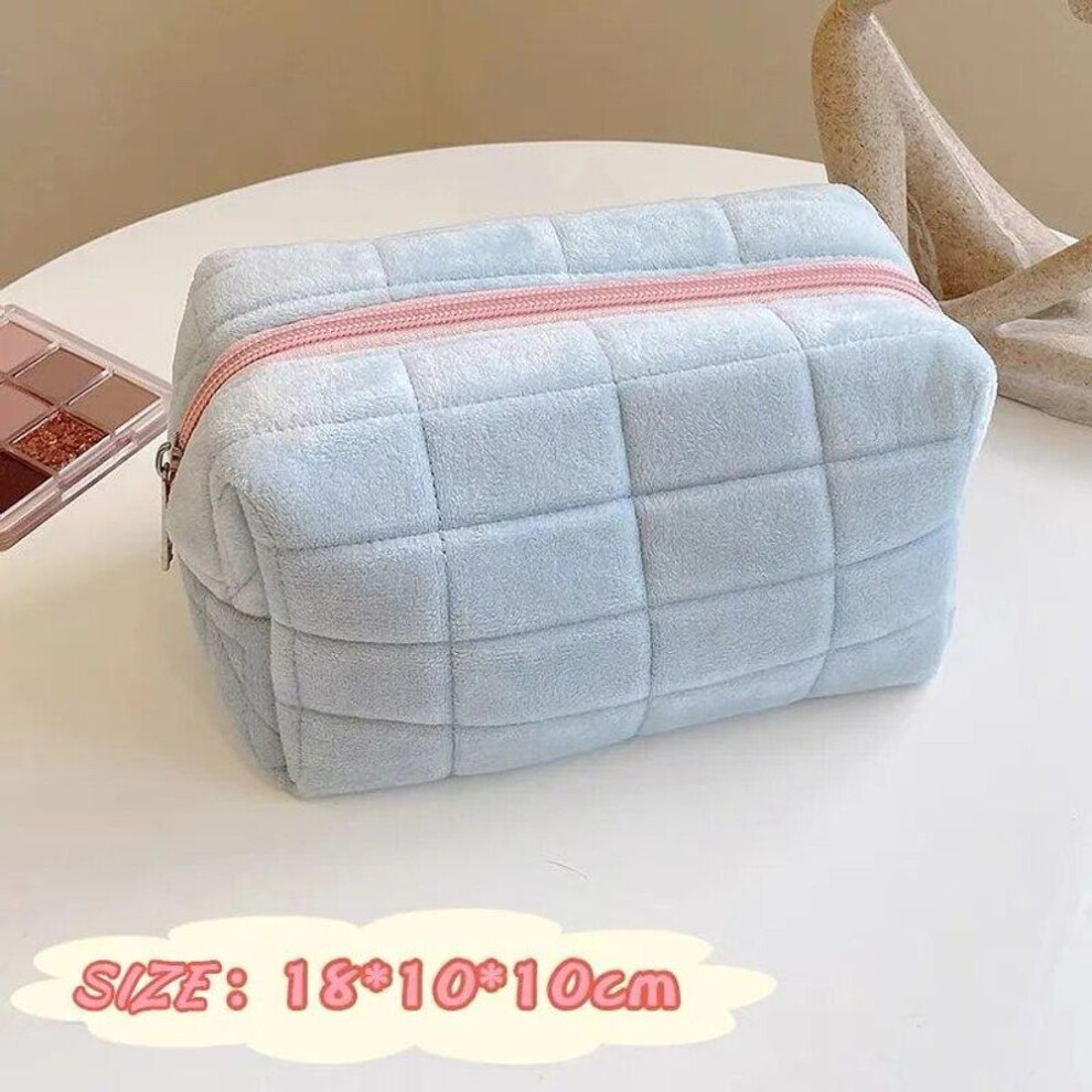 (blue) Solid Fur Cosmetic Storage Bag Large Women Zipper Makeup Organizer Handbag Stationery Pencil Case Travel Make Up Toiletry Punch