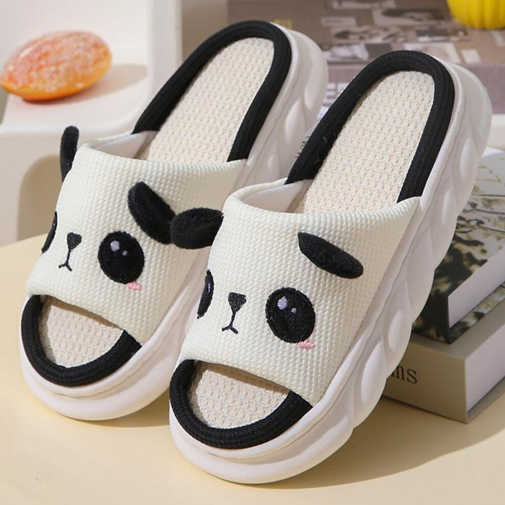 (black, 40-41) Cow Frog Panda Linen Open Slippers, Home Indoor Floor Thick Bottom Comfortable Men and Women Cloth Slippers