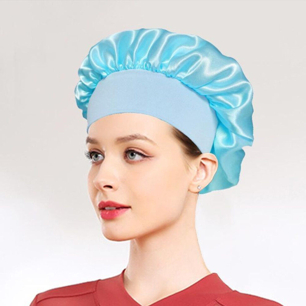 (sky blue) Satin Wide Brim Nightcap Silky Bonnet Hair Wrap For Sleeping Sleep Cap With Elastic Soft Band Styling Cap Hair Wrapping Tool