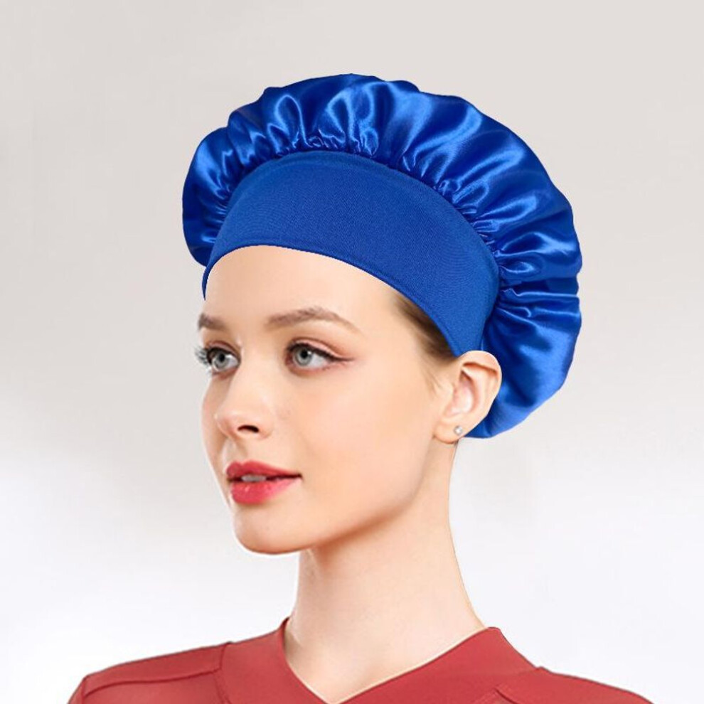(sapphire blue) Satin Wide Brim Nightcap Silky Bonnet Hair Wrap For Sleeping Sleep Cap With Elastic Soft Band Styling Cap Hair Wrapping Tool