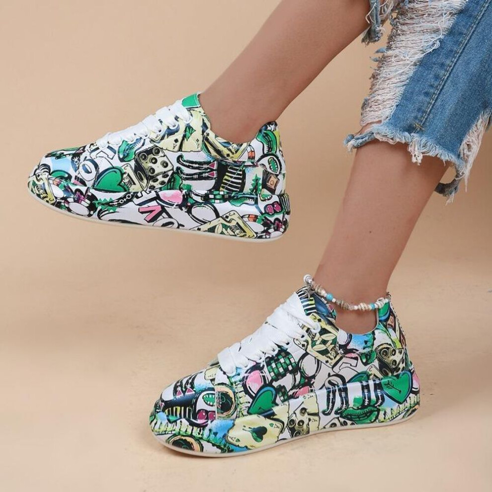 (green, 41) Women&apos;s Graffiti Print Sports Shoes, Fashion Lace Up Low Top Platform Sneakers, Casual Skate Shoes