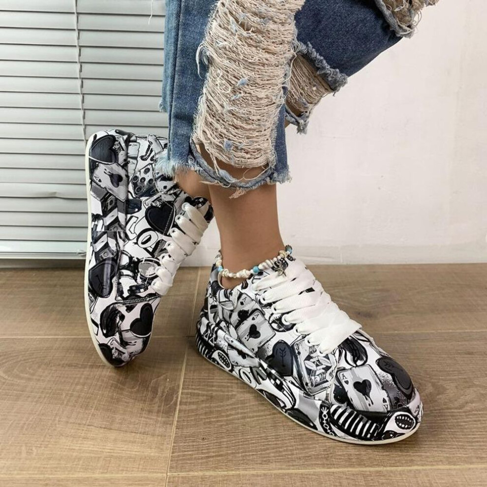 (black, 39) Women&apos;s Graffiti Print Sports Shoes, Fashion Lace Up Low Top Platform Sneakers, Casual Skate Shoes