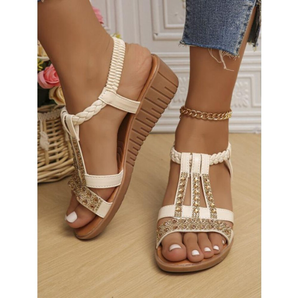(beige, 40) Women&apos;s Rhinestone Decor Sandals, Elastic Strap Soft Sole Platform Vacation Shoes, Glitter Non-slip Beach Wedge Shoes