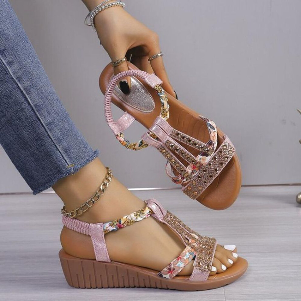 (pink, 39) Women&apos;s Rhinestone Decor Sandals, Elastic Strap Soft Sole Platform Vacation Shoes, Glitter Non-slip Beach Wedge Shoes