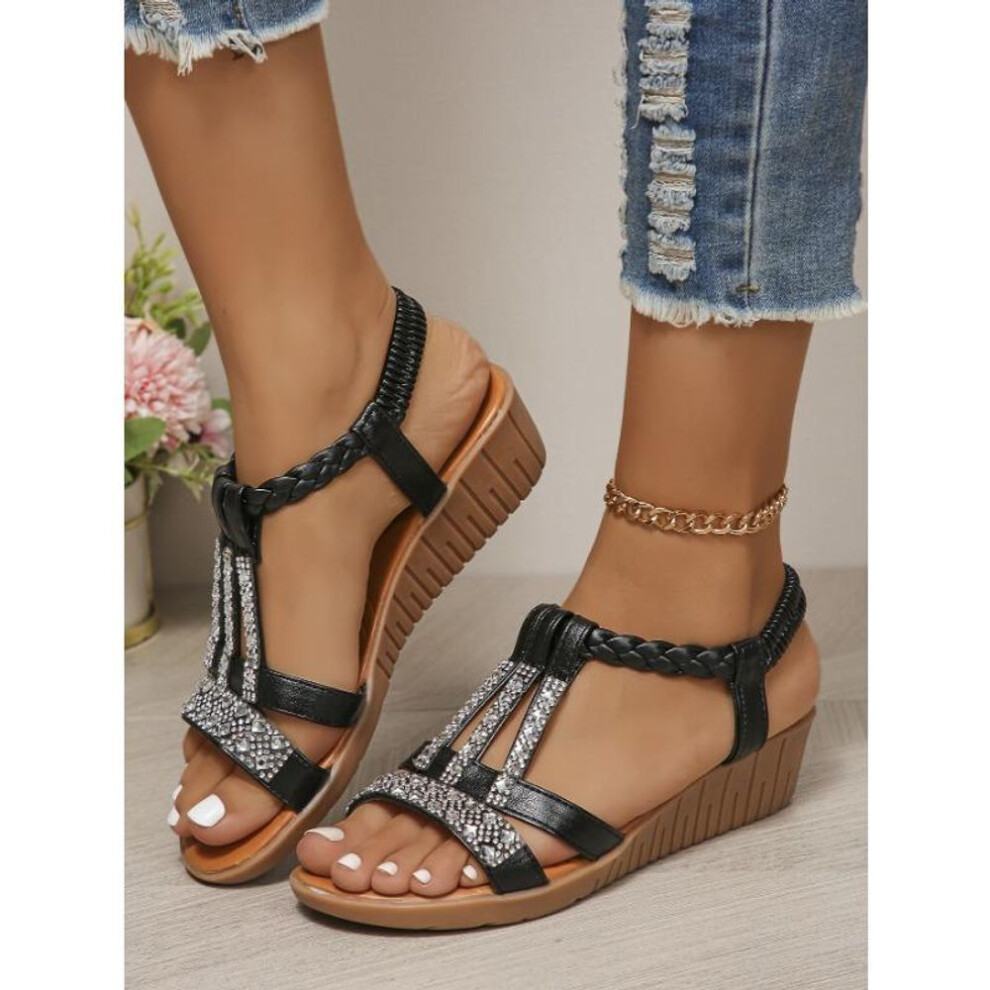 (black, 35) Women&apos;s Rhinestone Decor Sandals, Elastic Strap Soft Sole Platform Vacation Shoes, Glitter Non-slip Beach Wedge Shoes