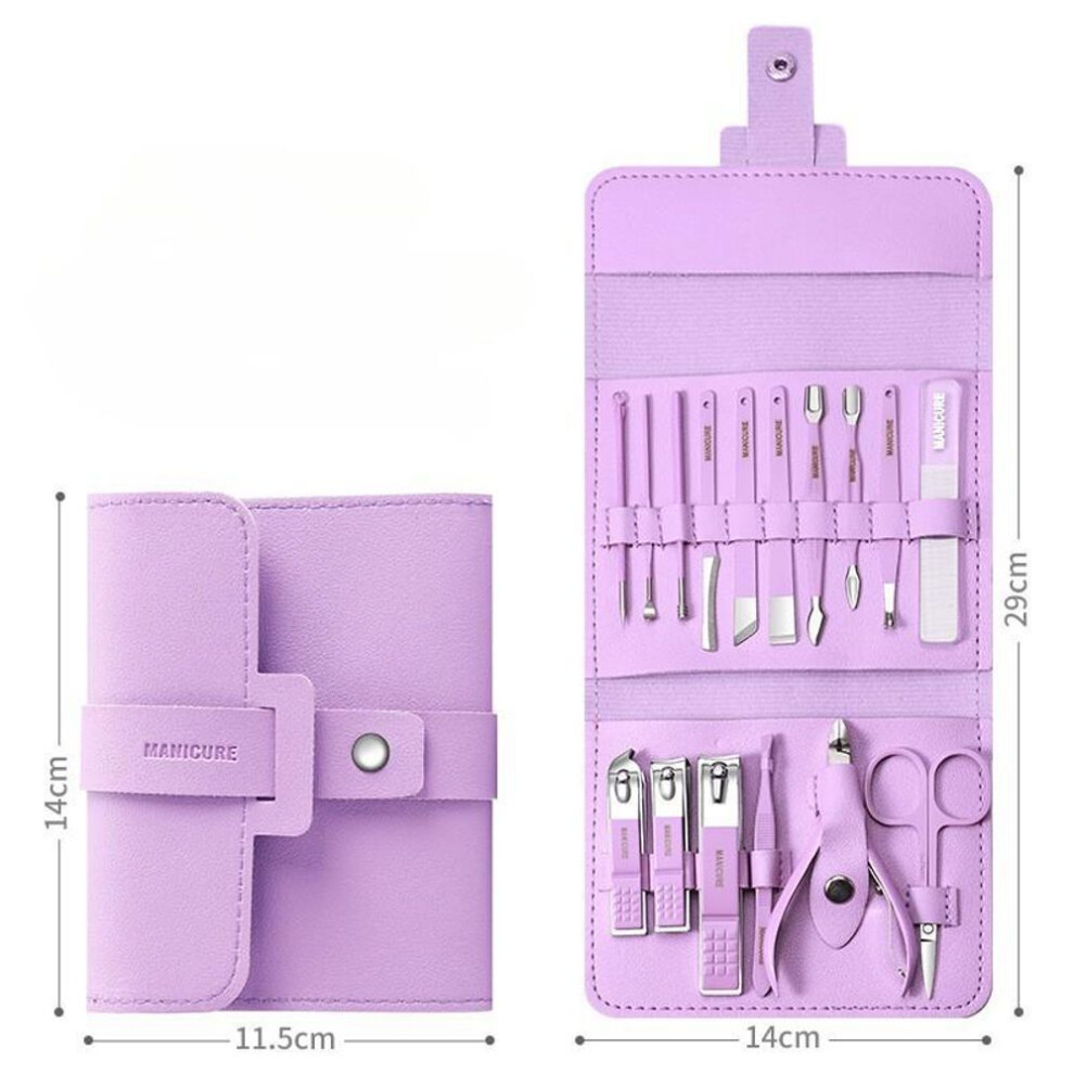 (purple) 16pcs Professional Nail Care Kit - Concave Stainless Steel Clippers Dead Skin Remover Cuticle Nippers Nail File And Travel Case For Nail Manicure