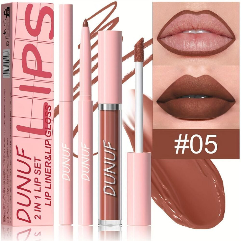 (05) 2pcs Matte Lip Gloss And Lip Liner Set Waterproof Lip Glaze Sweat-resistant Long-lasting Universal Skin Compatibility Red Shade, Creamy Texture