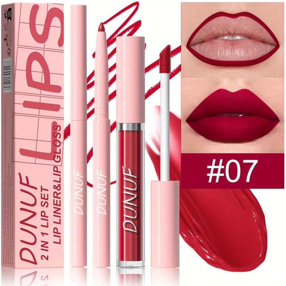 (07) 2pcs Matte Lip Gloss And Lip Liner Set Waterproof Lip Glaze Sweat-resistant Long-lasting Universal Skin Compatibility Red Shade, Creamy Texture