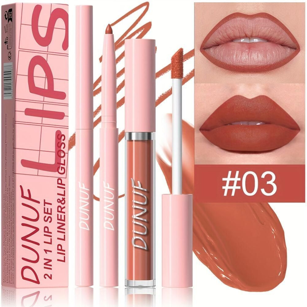 (03) 2pcs Matte Lip Gloss and Lip Liner Set Waterproof Lip Glaze Sweat-Resistant Long-Lasting Universal Skin Compatibility Red Shade, Creamy Texture