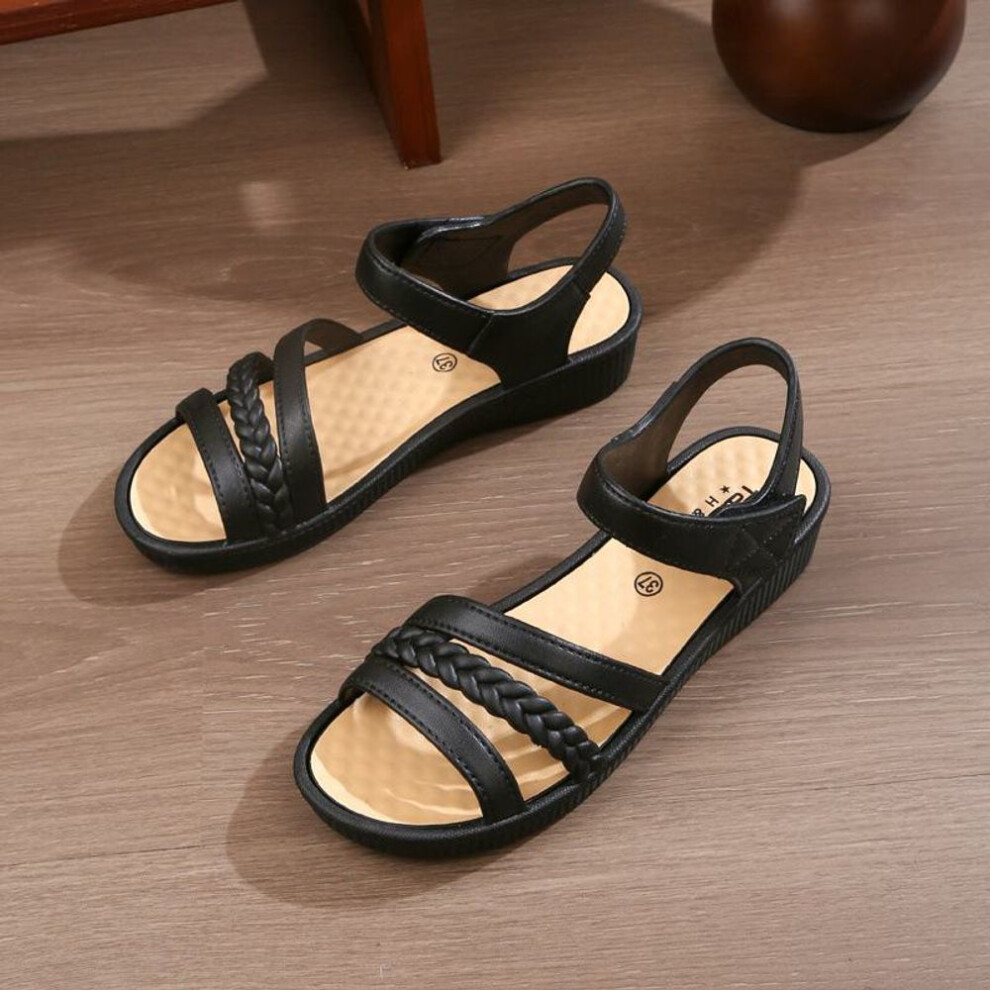 (black, 38) Outdoor summer sandals with soft non-slip wedge heel, ideal for beach or work. Perfect for moms.