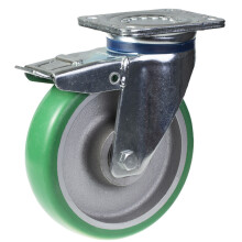Rueda giratoria/freno de 200 mm con poliuretano elástico convexo verde sobre fundición ce