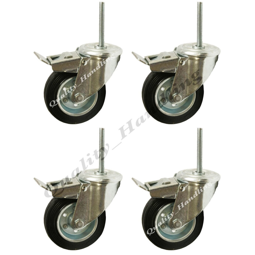 4 - 125mm heavy duty black rubber bolt hole swivel braked castors bolt 100kgs - Image 2