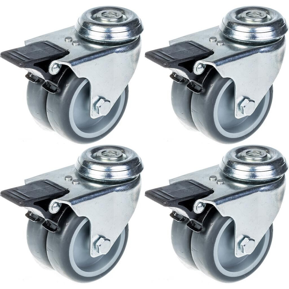 75Mm 3" Twin Wheel Castor Grey Rubber Swivel With Brake 400Kg Capacity, Set Of 4 5056116820808
