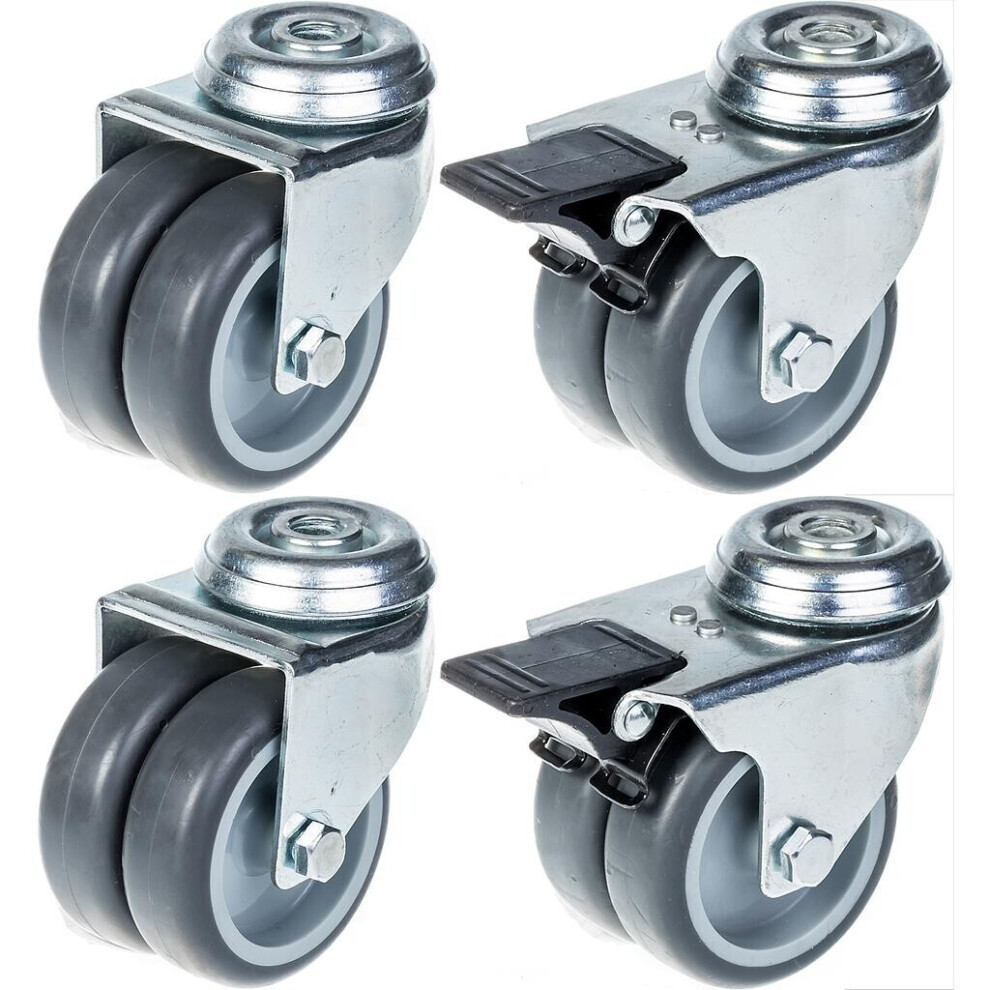 75Mm 3" Twin Wheel Castor Grey Rubber Swivel & Brake 400Kg Capacity, Set Of 4 5056116820815