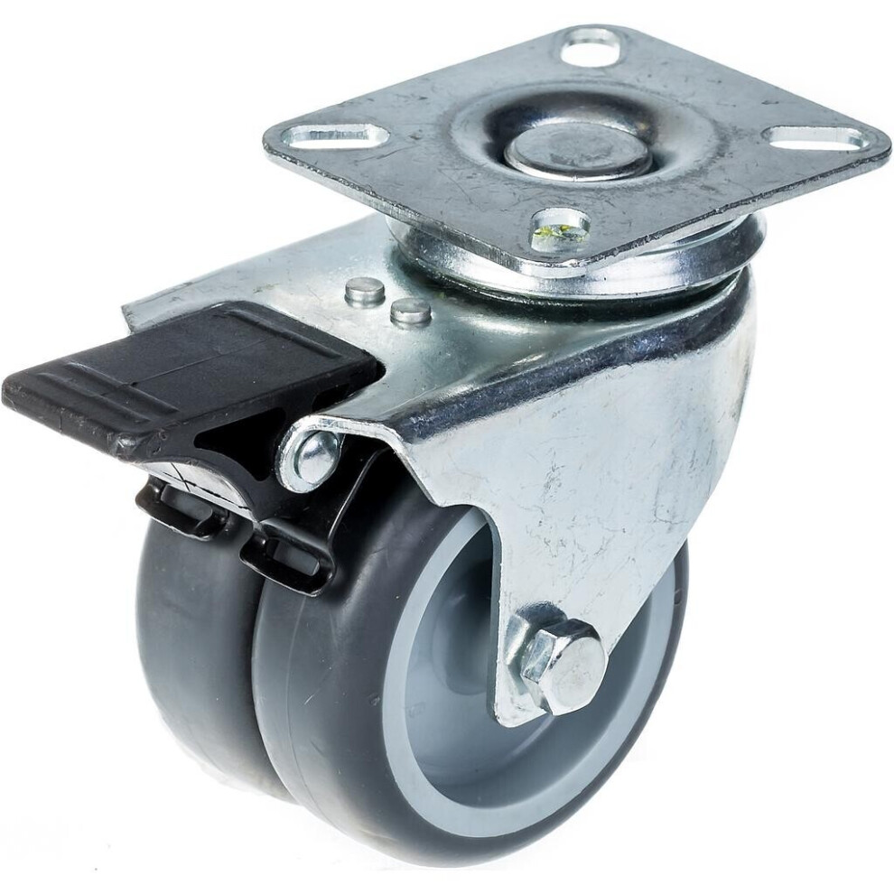 75Mm 3" Twin Wheel Castor Grey Rubber Swivel With Brake 100Kg Capacity 5056116820716