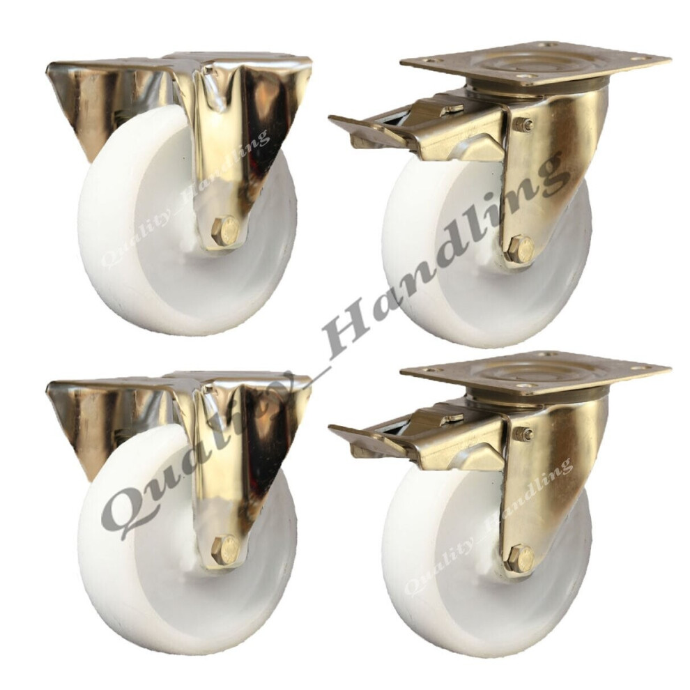 80Mm Stainless Steel Nylon Fixed & Braked Castors, 150Kg - Set Of 4 5060462566266