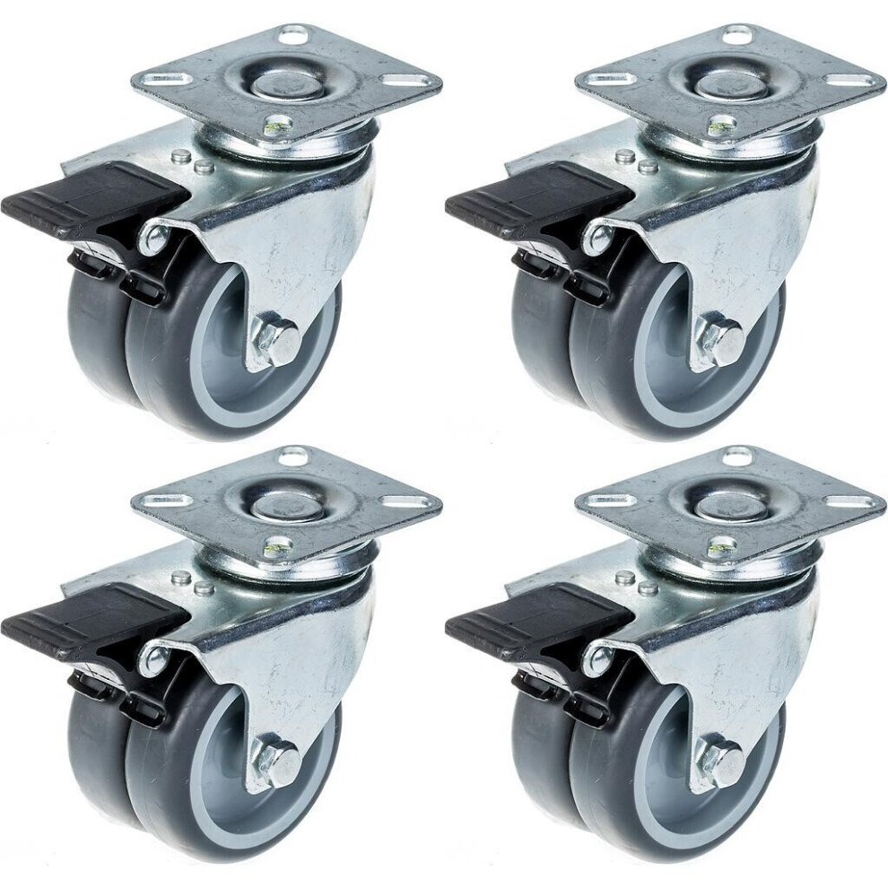 75Mm 3" Twin Wheel Castor Grey Rubber Swivel With Brake 400Kg Capacity, Set Of 4 5056116820730