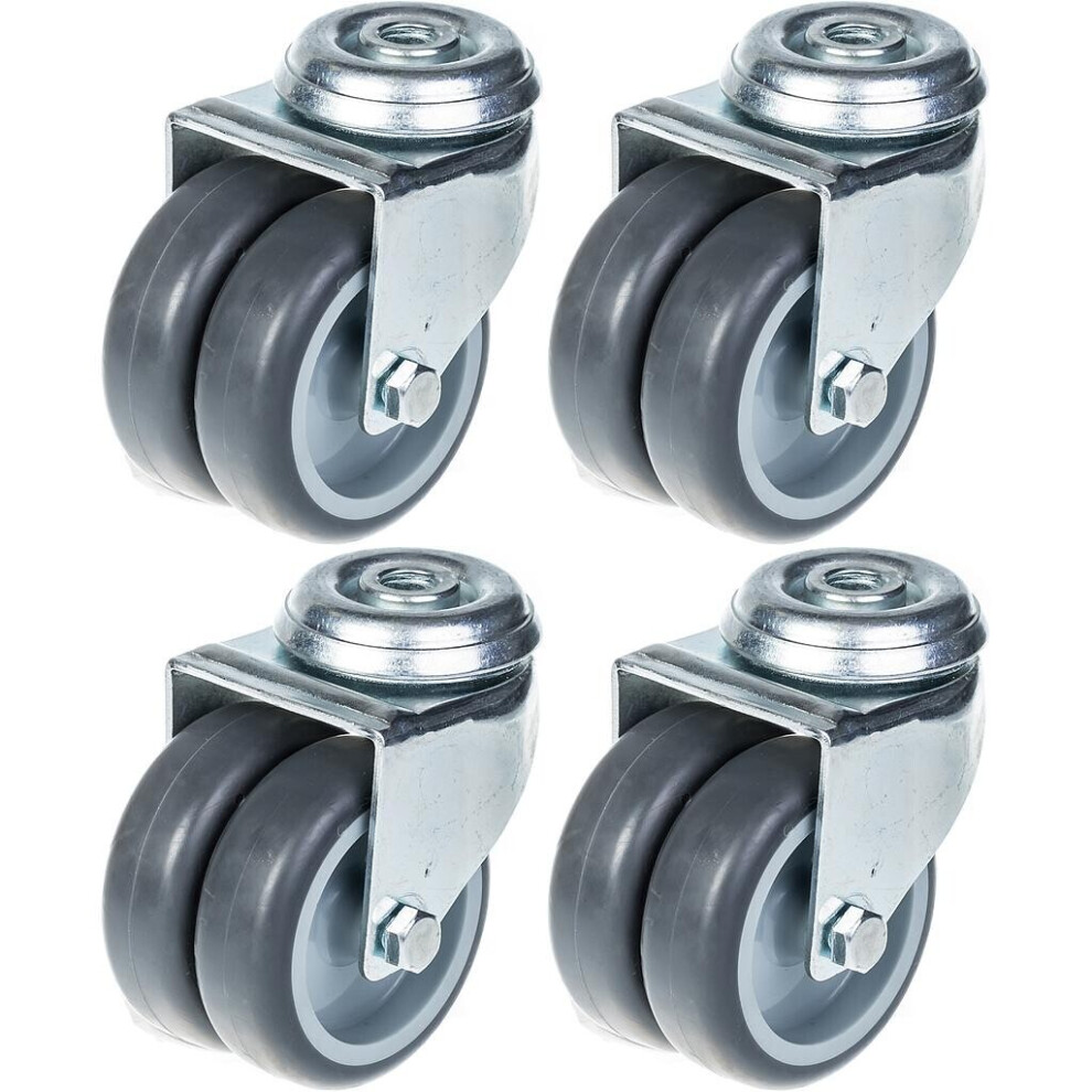 75Mm 3" Twin Wheel Castor Grey Rubber Swivel 400Kg Capacity, Set Of 4 5056116820778