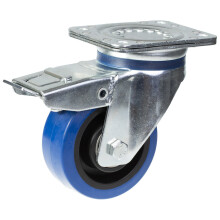 Rueda giratoria/freno de 125 mm con goma elástica azul sobre rueda central de nailon