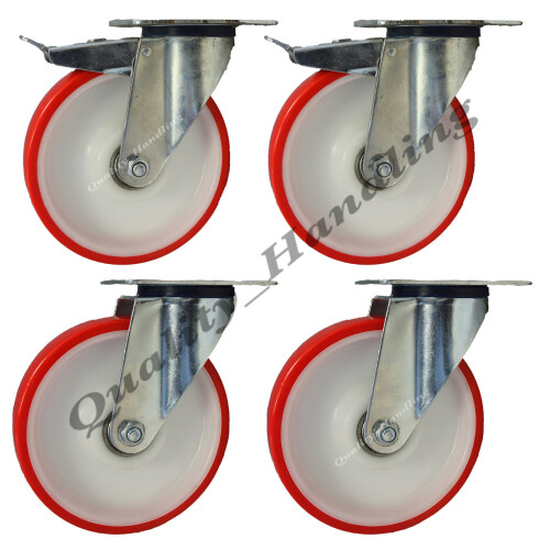 Parnells Castors 200 mm en polyuréthane nylon 2 pivots et 2 freins 300 kg - ensemble de 4