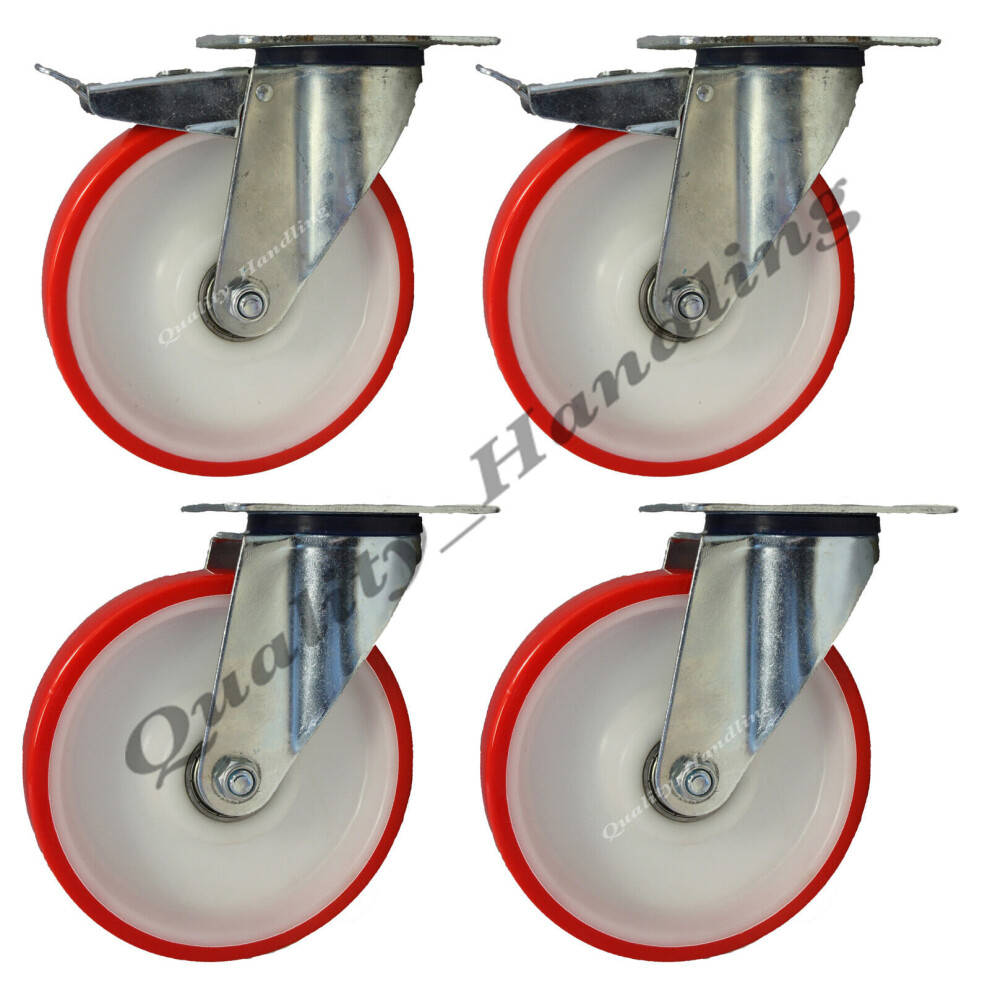 Parnells 200Mm Castors Polyurethane Nylon 2 Swivel & 2 Braked 300Kg - Set Of 4