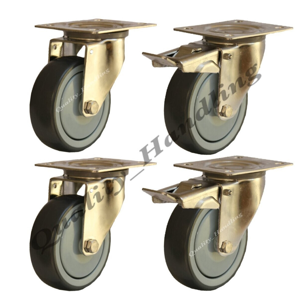 Parnells 80Mm Stainless Steel Rubber Swivel & Braked Castors 60Kg - Set Of 4