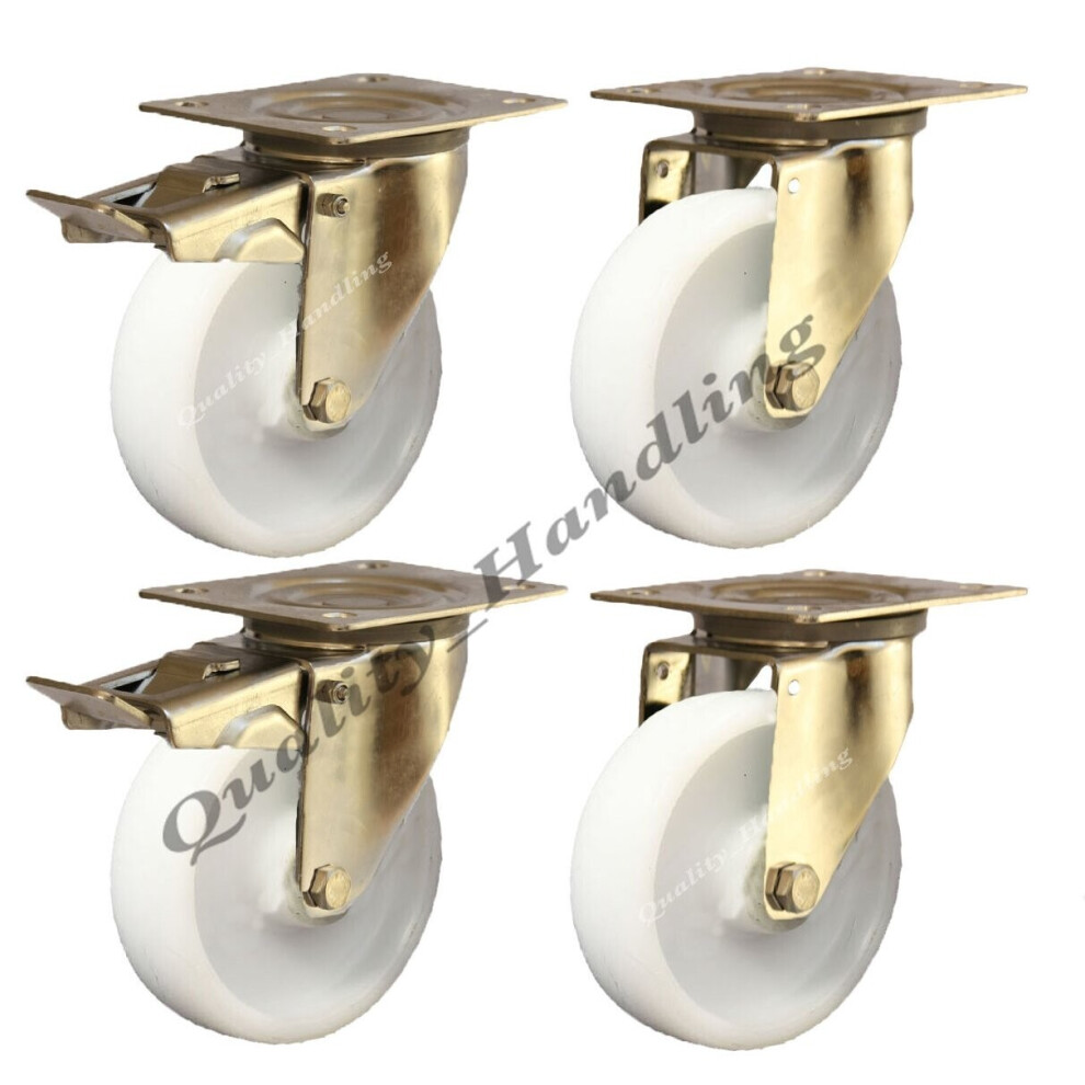 100mm stainless steel nylon swivel & braked castors 200kg - set of 4