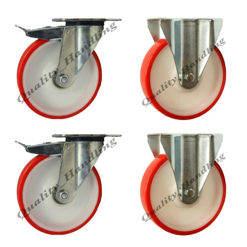 Parnells 200mm Roulettes Polyuréthane nylon 2 freins et 2 fixes, 300kg - jeu de 4