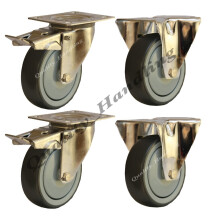 Rodas fixas e com travão em borracha de aço inoxidável de 80 mm, 60 kg - conjunto de 4
