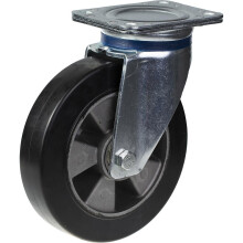 Rueda giratoria de 200 mm con goma elástica negra sobre rueda central de aluminio